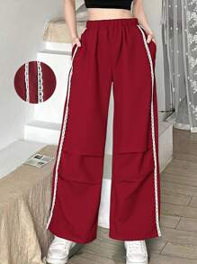 Girls Casual Sports Fashion Simple Elastic Waist Loose Wide Leg Pants, Embroidered Floral Trim, Girls Leisure Sports Trousers, Cargo Pants - Burgundy - View 1