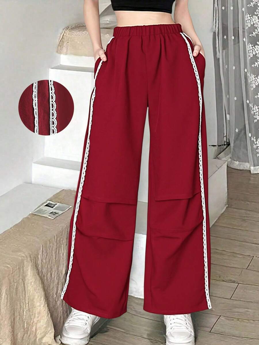 Girls Casual Sports Fashion Simple Elastic Waist Loose Wide Leg Pants, Embroidered Floral Trim, Girls Leisure Sports Trousers, Cargo Pants - Burgundy - View 1