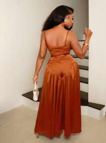 BamGleam 2025 年春夏女士两件套超大阔腿裤和三维花卉装饰背心，适合街头时尚派对和婚礼 - 亮橙色 - 查看 2