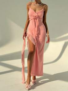 Aloruh Vestido largo de tirantes elegante con decoración floral 3D, parches laterales y dobladillo con volantes, en unicolor - Rosa - Ver 5