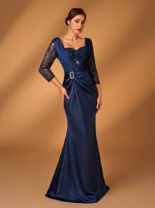 Serin Elegant And Gorgeous Navy Blue Lace Sequins Stitched Satin Sweetheart Neckline See-Through Three-Quarter Sleeves Gathered Twist Diamond Embellished Japanese Button Fishtail Hem Suitable For Prom Dinner Party Holiday Wedding Event Mother Of The Bride Dress Evening Dress
