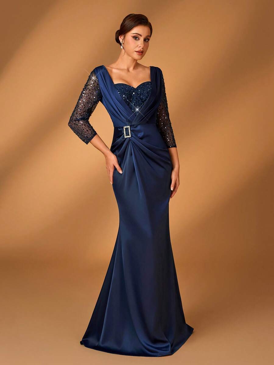 Serin Elegant And Gorgeous Navy Blue Lace Sequins Stitched Satin Sweetheart Neckline See-Through Three-Quarter Sleeves Gathered Twist Diamond Embellished Japanese Button Fishtail Hem Suitable For Prom Dinner Party Holiday Wedding Event Mother Of The Bride Dress Evening Dress
