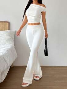 Comfortcana Women's Solid Color Asymmetric Neck Ruffle Cropped Top And Flared Pants Casual 2 Pieces Set - White - View 5