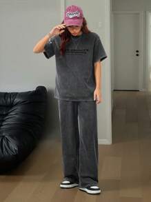 Coolane 女士春夏情侣同款日常穿着外出休闲水洗针织 T 恤和慢跑裤两件套服装，X MICHELLE K GRAPHICS