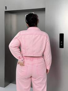 Breezaya Plus Size Casual Distressed Denim Short Jacket - Pink - View 2