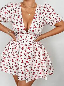 Flirla Vestido corto de doble capa con mangas abullonadas y estampado floral diminuto para mujer talla grande, sexy y adecuado para vacaciones/fiestas - Beis - Ver 5