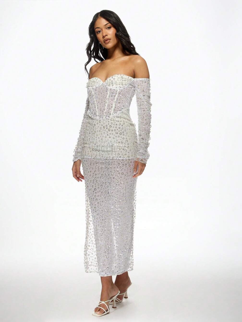 embellished top maxi dress MISSGUIDED Corset Off Shoulder Sequin Embellished Maxi Dress｜MISSGUIDED