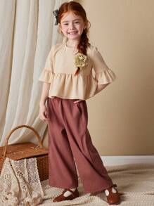 Blossori Ensemble de 2 pièces pour jeunes filles, style français élégant : Top abricot et pantalon rose lotus, pour le printemps/l'été - Multicolore - Voir 1