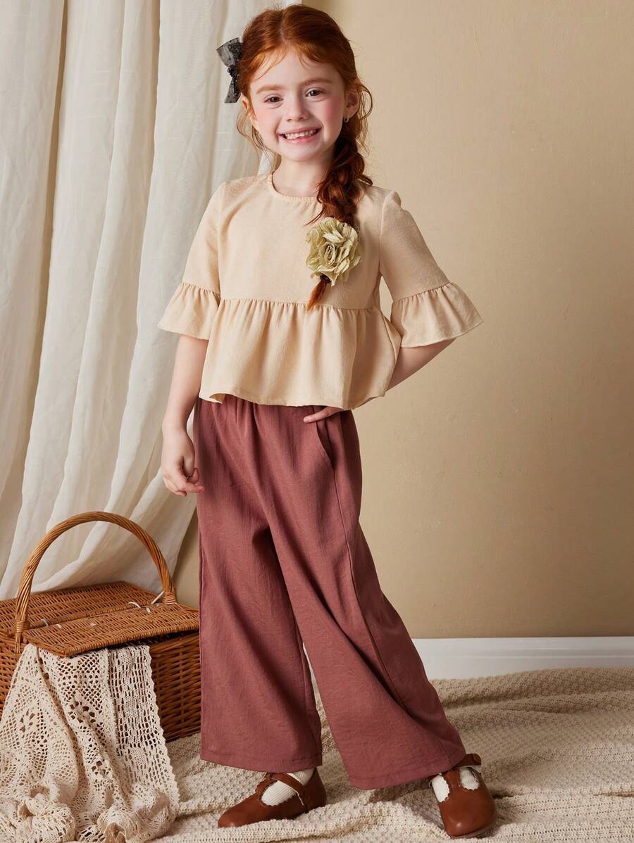 Blossori Ensemble de 2 pièces pour jeunes filles, style français élégant : Top abricot et pantalon rose lotus, pour le printemps/l'été - Multicolore - Voir 1