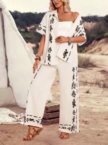 LanaWest Women Graphic Print Standard Fit Shirt + Wide Leg Pants 2 Pieces Casual Suit, Suitable For Vacation And Daily Wear - Apricot - View 4