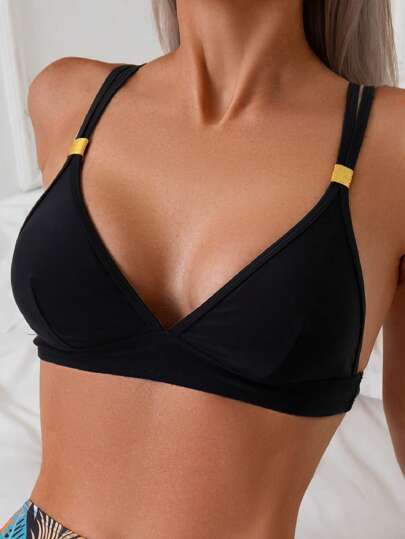 Swim Basics 1pc Women's Black Narrow Stripe Adjustable Strap Gold Buckle Swimwear Top For Summer Beach Vacation