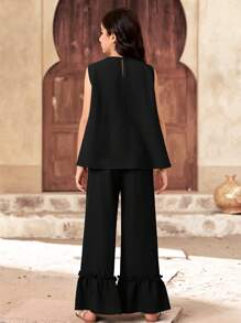 SHEIN Leap Crew 2 Pieces Set For Tween Girls: Round Neck Color Block Bow Accent Top And Flare Leg Pants, Casual - Black - View 2