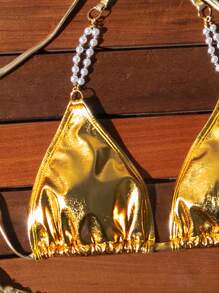 SHEIN Swim SXY Top de bikini halter con escote en la espalda, adorno de perlas y tirantes para mujer, sexy