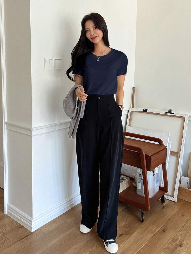 Tall Women's Casual Solid Color Crew Neck Short Sleeve T-Shirt Summer