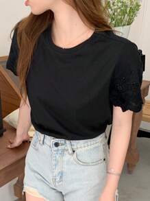 DAZY Solid Scallop Trim Tee - Black - View 9