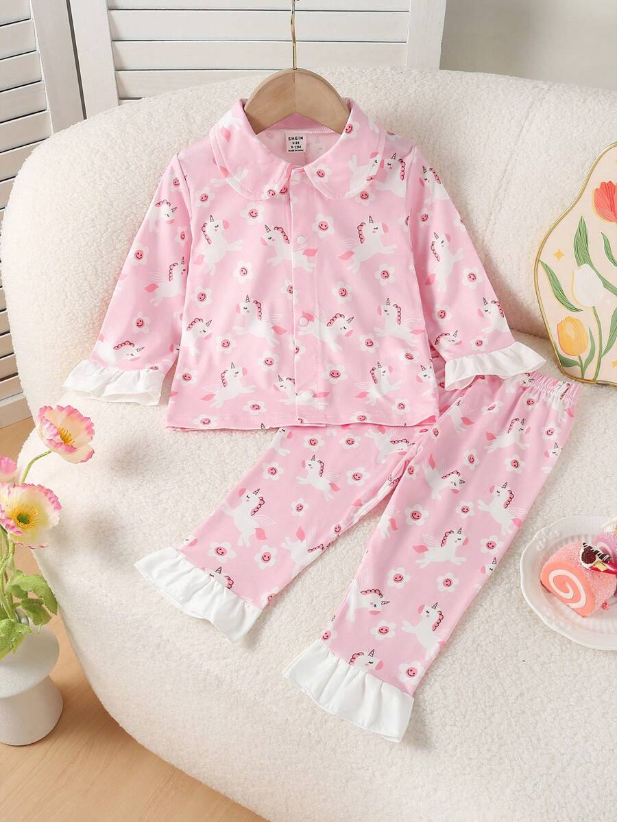 2pcs/Set Baby Girl Cute Unicorn Patched Ruffle Trim Long Sleeve Top And Pants Home Outfit - Pink - View 1