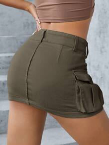 SHEIN ICON Women's Army Green Denim Mini Skirt With Cargo Pockets Casual Style - Army Green - View 2