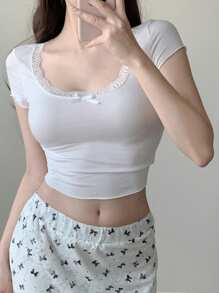 DAZY Women Contrast Lace Bow Decor Square Neck Short Sleeve Fitted T-Shirt Cute Tops - White - View 2