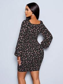 SHEIN LUNE Allover Floral Shirred Bodycon Dress - Multicolor - View 2
