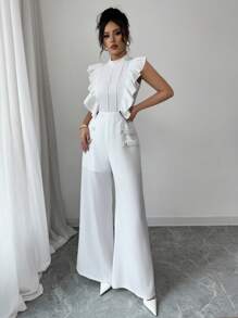 Elenzga Women's Solid Color Ruffle Trim Button Decor Elegant Mid-Calf Jumpsuit, Summer - White - View 4