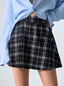 SHEIN EZwear 彈性腰溜冰格紋半身裙