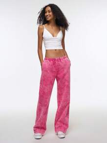 Easelle 2025新款女式松紧腰口袋宽松阔腿热粉色休闲百搭牛仔裤，适合夏季音乐节 - 玫紅色 - 查看 5