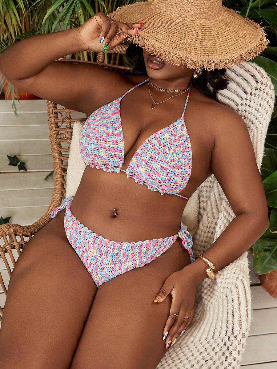 SHEIN Swim Curve Plus Size Women's Summer Beach Bikini Set, Handmade Crochet Colorful Sexy 2 Pieces With Adjustable Tied Straps And Butterfly Chiffon Wrap - Multicolor - View 1