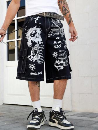Street Life Men's Gothic Figure & Slogan Print Casual Cargo Capri Shorts, Halloween