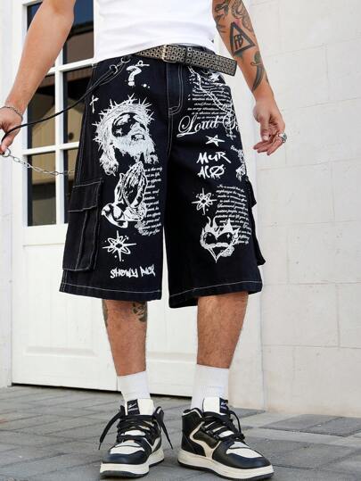 Goth Pantalones cortos cargo casuales con estampado de figura gótica y eslogan para hombres, Halloween