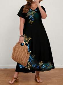 EMERY ROSE Đầm tay ngắn cổ chữ V họa tiết bướm xanh đơn giản thường ngày cỡ lớn dành cho nữ, phù hợp cho mùa hè - màu đen - Xem 5