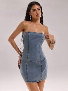 SHEIN BAE Women's Denim Strapless Mini Dress, Simple & Stylish, Suitable For Summer - Blue - View 6