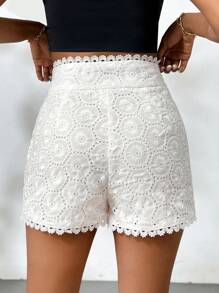 SHEIN Privé Women's White Embroidered Lace Trim Splice Shorts, Casual Summer Bottoms, Perfect For Wedding/Romantic Season