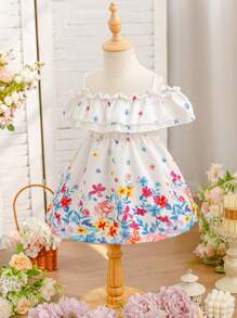 SHEIN Toddler Girls Floral Print Off Shoulder Ruffle Hem Spaghetti Strap Dress, Spring & Summer Spring Dresses For Baby Girls Baby Spring Dress Baby Dresses Fashionable