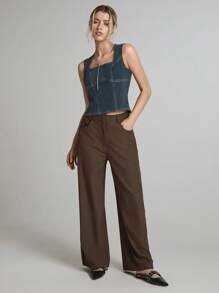 Easelle Women Square Neck Sleeveless Simple Fitted Denim Blouse, Casual Everyday Wear 2025 Summer Cowgirl Vintage - Blue - View 3