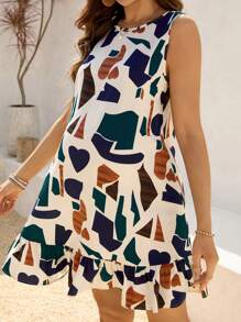 SHEIN Maternity Spring Geometric Print Round Neck Ruffle Hem Sleeveless Dress