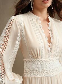 Anewsta 法式时尚宫廷镂空拼接柔软蕾丝边长裙，适合春季、节日、度假 - 米色 - 查看 5