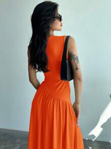 Firerie Women's Ruched Waist Ruffled Hem Round Neck Sleeveless Dress - Orange - View 2