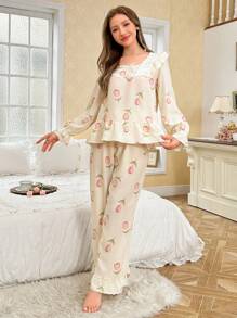 CottageSlumber Romantic Ruffle Trim Tulip Pattern Women's Pajama Set