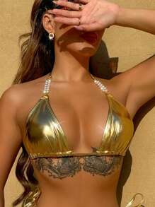 SHEIN Swim SXY Top de bikini halter con escote en la espalda, adorno de perlas y tirantes para mujer, sexy