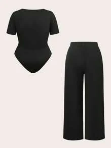 Flirla 2pcs Set: Plus Size Solid Color Short Sleeve V-Neck Bodysuit And Elastic Waist Long Pants - Black - View 2