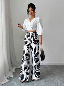Elenzga Conjunto de blusa de manga abombada elegante y romántica para vacaciones y pantalones anchos de pierna con estampado floral para mujer - Blanco - Ver 3