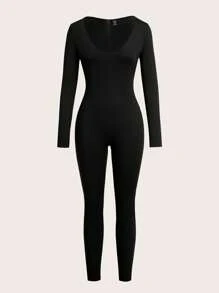 SHEIN SXY 2pcs/Set Plus Size Women's Deep V-Neck Long Sleeve Jumpsuit - Black - View 5