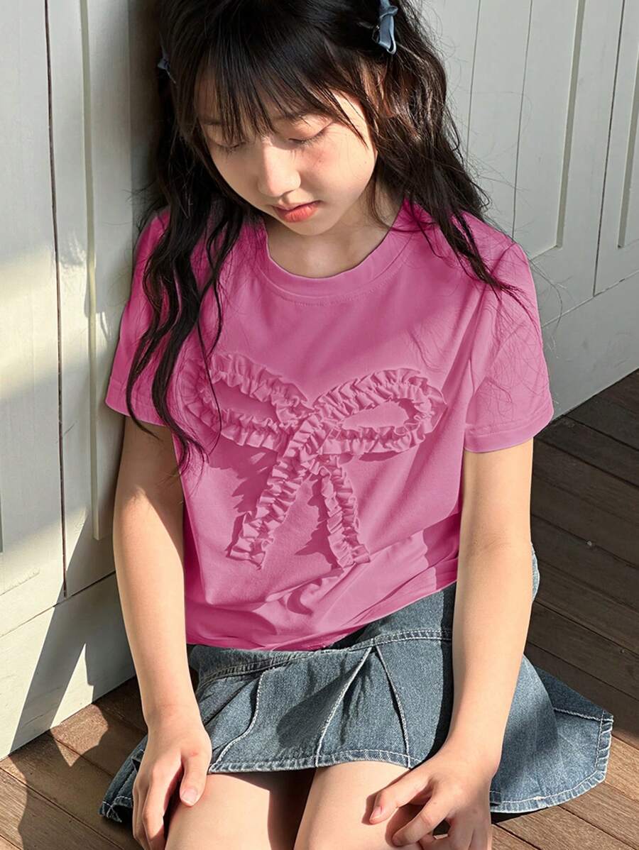 DAZY Tween Girl Round Neck Short Sleeve Knit T-Shirt Summer,Back To School Clothes - Hot Pink - View 1