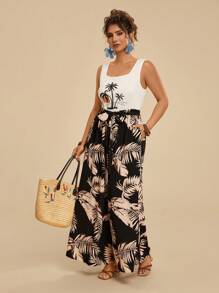 Travachic Mono holgado de pierna ancha, con parte trasera abierta, estampado de palmeras tropicales, en talla grande para mujeres - Negro - Ver 4