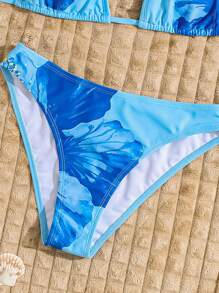 Swim Chiccia Springbreak 2025 女士夏季沙滩花卉印花露背系带性感比基尼两件套泳衣套装 - 藍色 - 查看 4