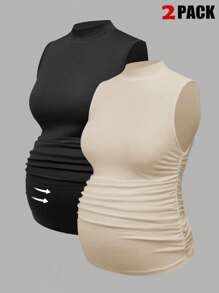 Modmama Top bez rękawów dla kobiet w ciąży w jednolitym kolorze, ze stójką, prosty, swobodny, marszczony - Wielokolorowe - Zobacz 12