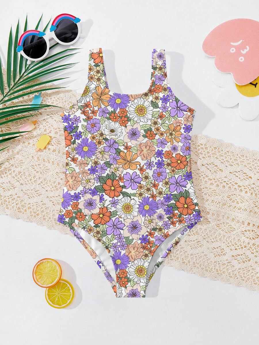 SHEIN Leap Crew Young Girls' Casual Minimalist Bohemian Ditsy Floral One-Piece Swimsuit, Suitable For Summer - Multicolor - View 1