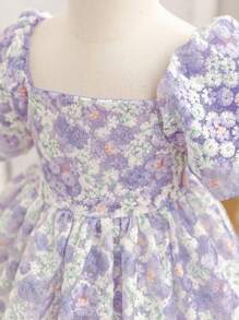 SHEIN Glamorique Kids Baby Girl Purple Flower Bowknot Puff Sleeve Mesh Princess Dress Girls Princess Dress Baby Girl Princess Dress For Baby Girls Occasion Baby Girl Dresses Toddler Dress For Wedding Baby Elegant Dress Baby Spring Dress Princesa Dress For Baby