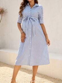 SHEIN 孕妇休闲条纹衬衫裙