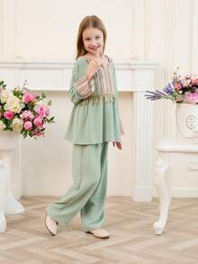 2 件套 Tween 女童薄荷绿简约优雅长袖上衣和休闲长裤套装 - 薄荷綠 - 查看 8